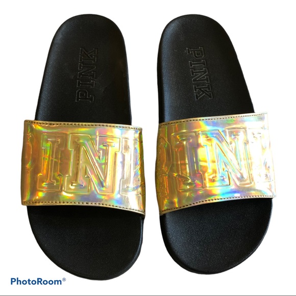 VS PINK Gold Iridescent Metallic Slides Sandal 7/8 - Picture 2 of 7